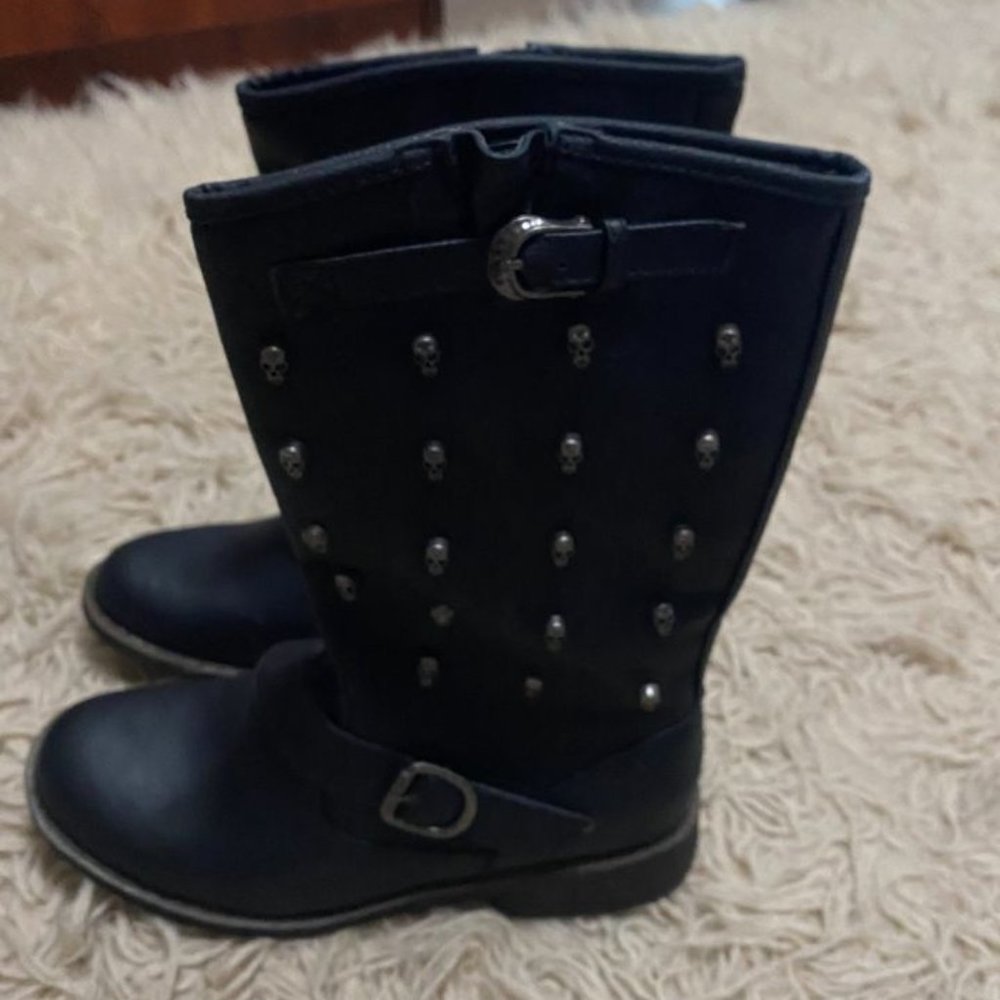 NIB Ferrera Black Leather Mini Skull Women's Motorcycle Boots